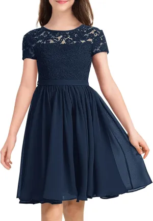 YOVION Flower Girls Dress Crew Neck Elegant Lace A-Line Formal Wedding Party Dresses for 6-12 Years