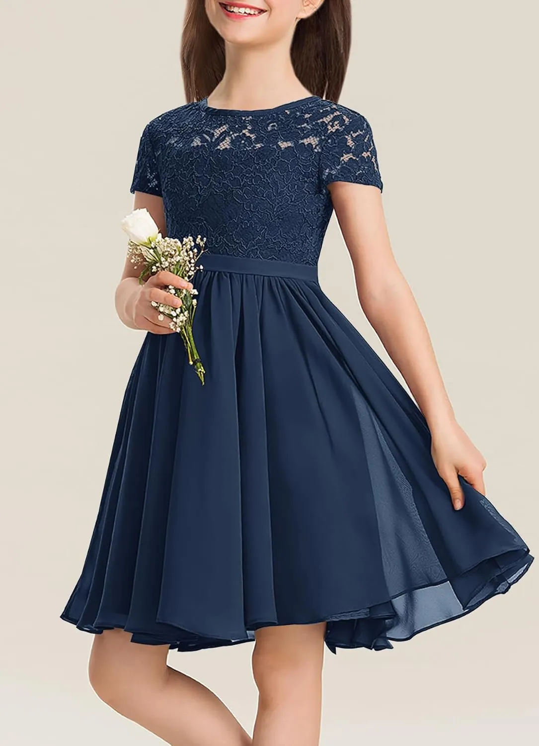 YOVION Flower Girls Dress Crew Neck Elegant Lace A-Line Formal Wedding Party Dresses for 6-12 Years