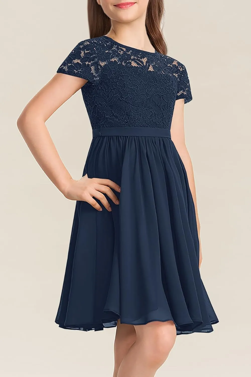 YOVION Flower Girls Dress Crew Neck Elegant Lace A-Line Formal Wedding Party Dresses for 6-12 Years