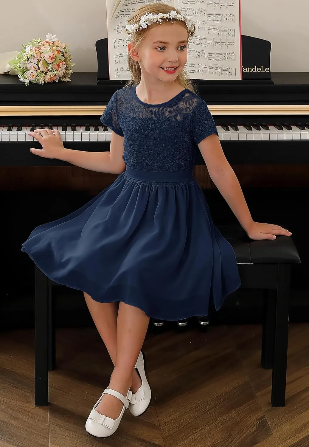 YOVION Flower Girls Dress Crew Neck Elegant Lace A-Line Formal Wedding Party Dresses for 6-12 Years