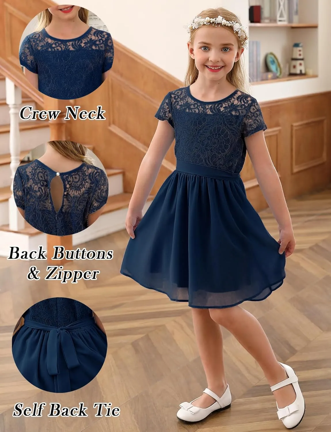 YOVION Flower Girls Dress Crew Neck Elegant Lace A-Line Formal Wedding Party Dresses for 6-12 Years