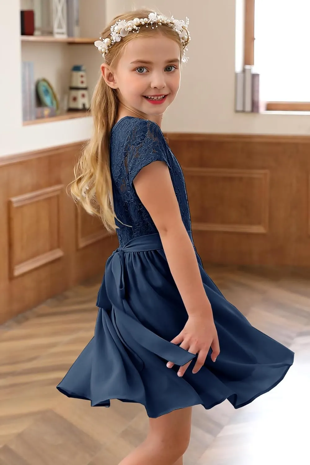 YOVION Flower Girls Dress Crew Neck Elegant Lace A-Line Formal Wedding Party Dresses for 6-12 Years