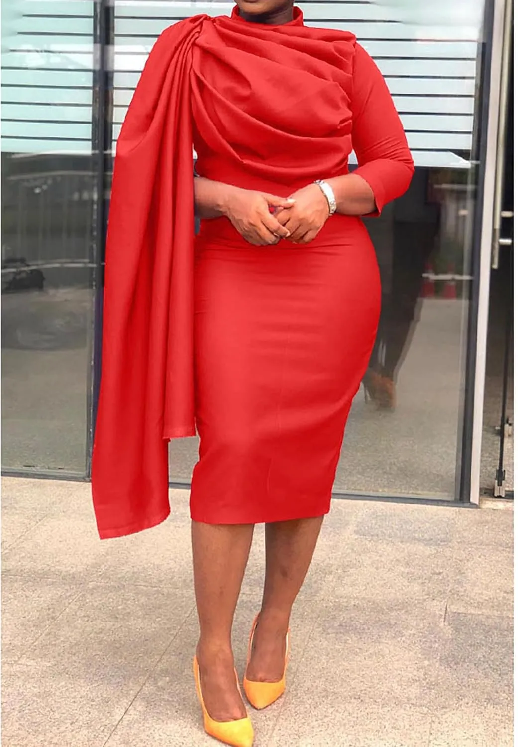Yuopeid Women's Elegant Mock Neck Long Sleeve Bodycon Dress Fashion Ruched Cape Dress Cocktail Party Plus Size Midi Dress