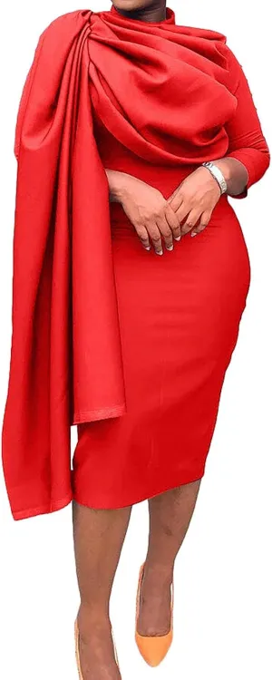Yuopeid Women's Elegant Mock Neck Long Sleeve Bodycon Dress Fashion Ruched Cape Dress Cocktail Party Plus Size Midi Dress