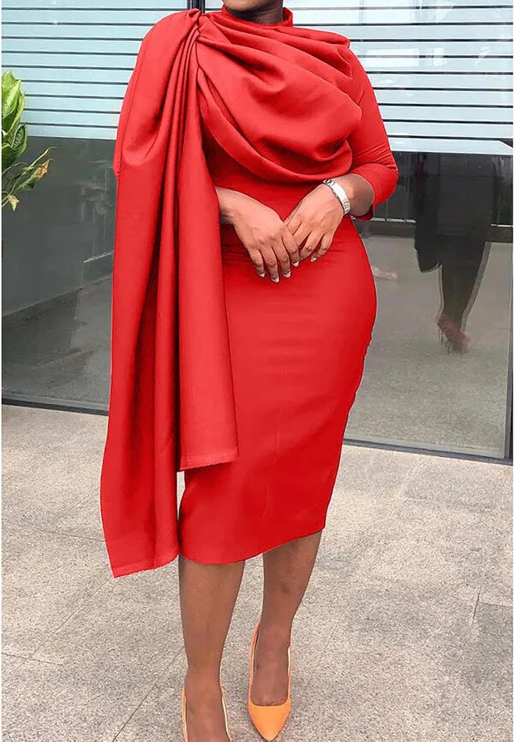 Yuopeid Women's Elegant Mock Neck Long Sleeve Bodycon Dress Fashion Ruched Cape Dress Cocktail Party Plus Size Midi Dress