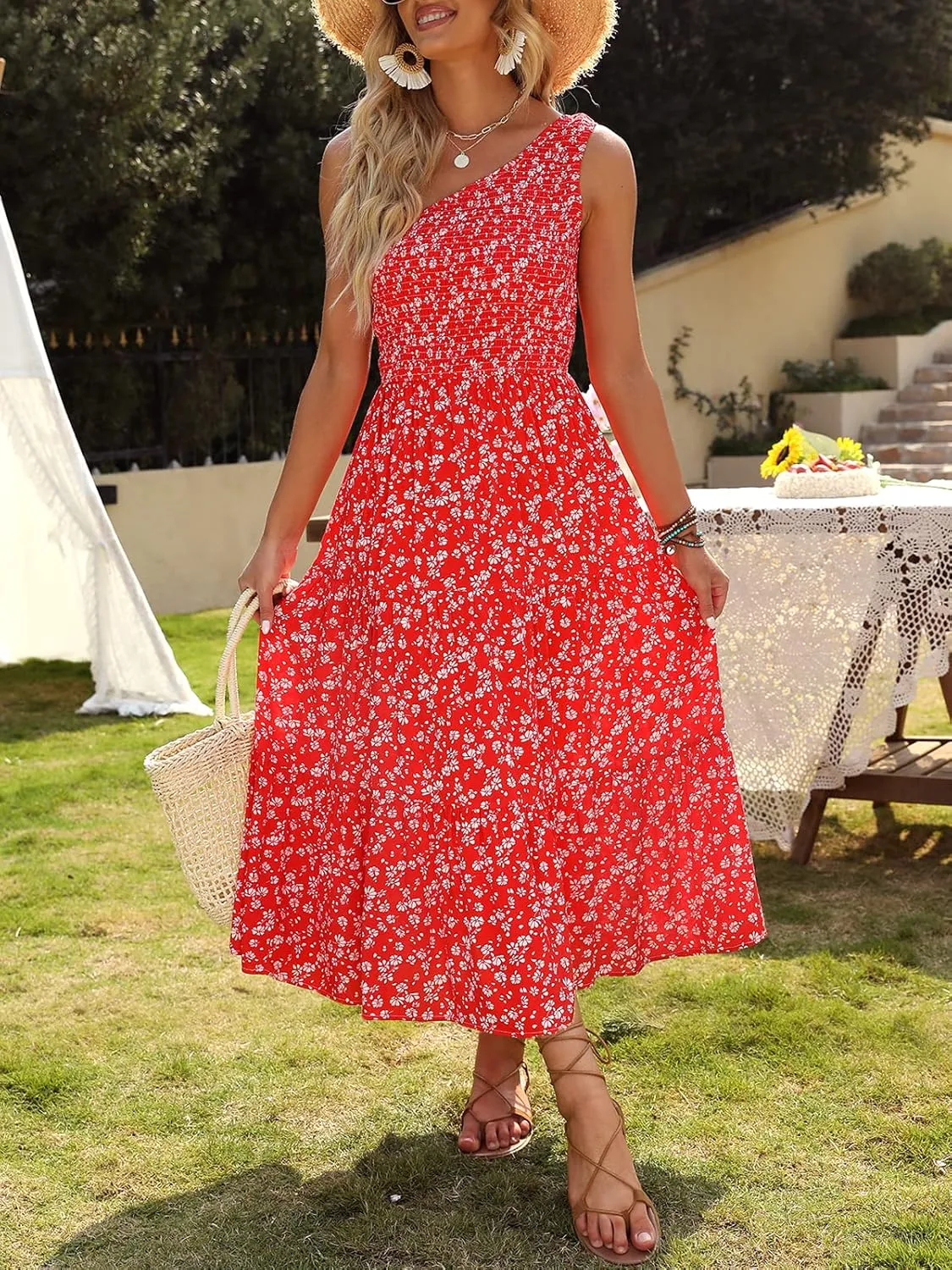 ZESICA Women's 2025 Bohemian Summer Floral Print One Shoulder Sleeveless Smocked Ruffle Tiered Beach Long Midi Dress