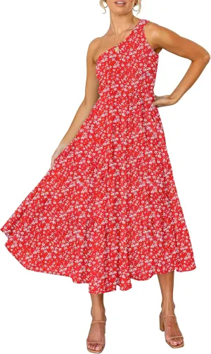 ZESICA Women's 2025 Bohemian Summer Floral Print One Shoulder Sleeveless Smocked Ruffle Tiered Beach Long Midi Dress