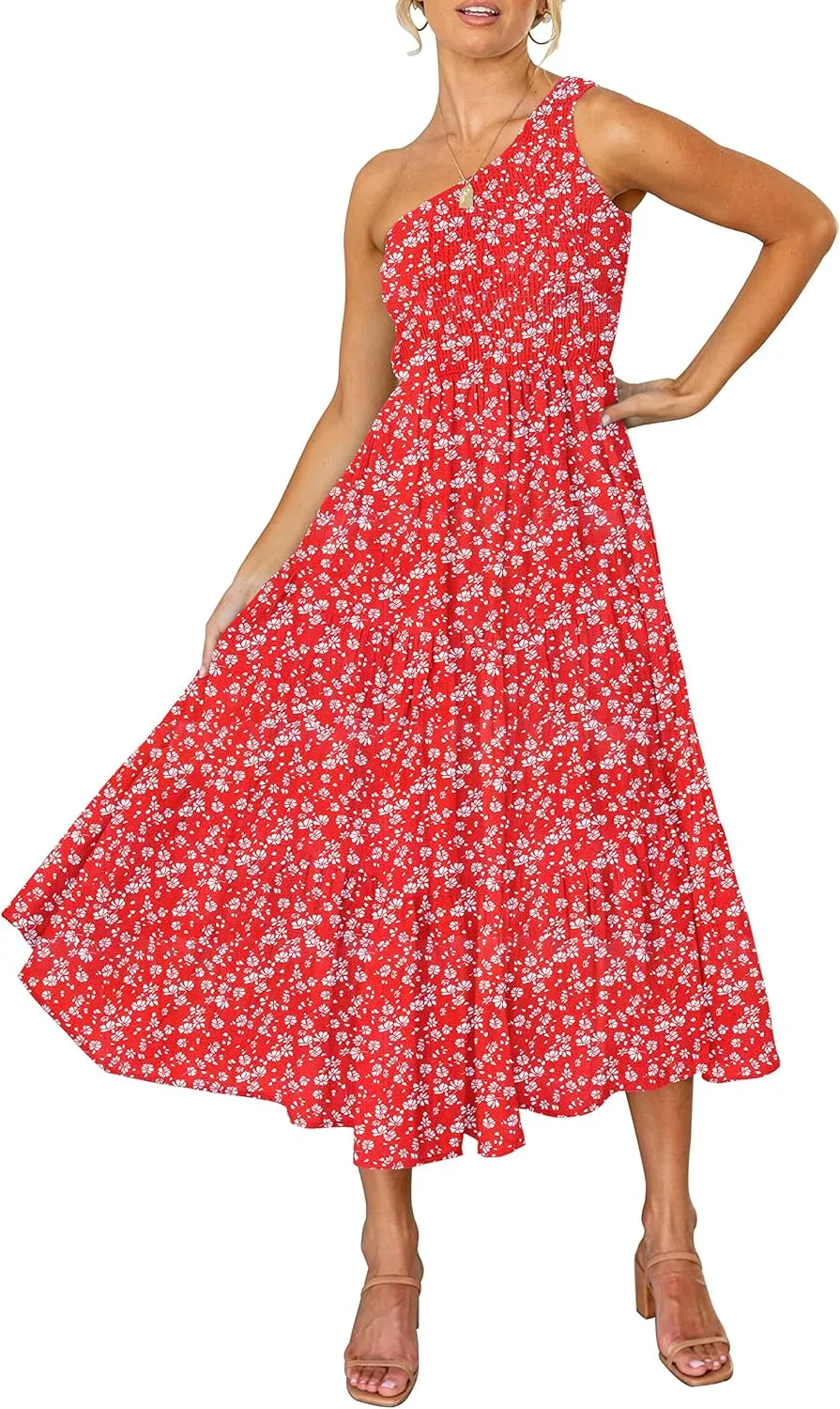 ZESICA Women's 2025 Bohemian Summer Floral Print One Shoulder Sleeveless Smocked Ruffle Tiered Beach Long Midi Dress