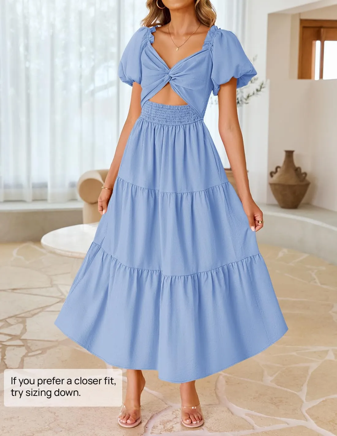 ZESICA Women's 2025 Boho Smocked Vacation Dress Short Puff Sleeve Twist Knot Cutout Flowy A Line Beach Party Dresses