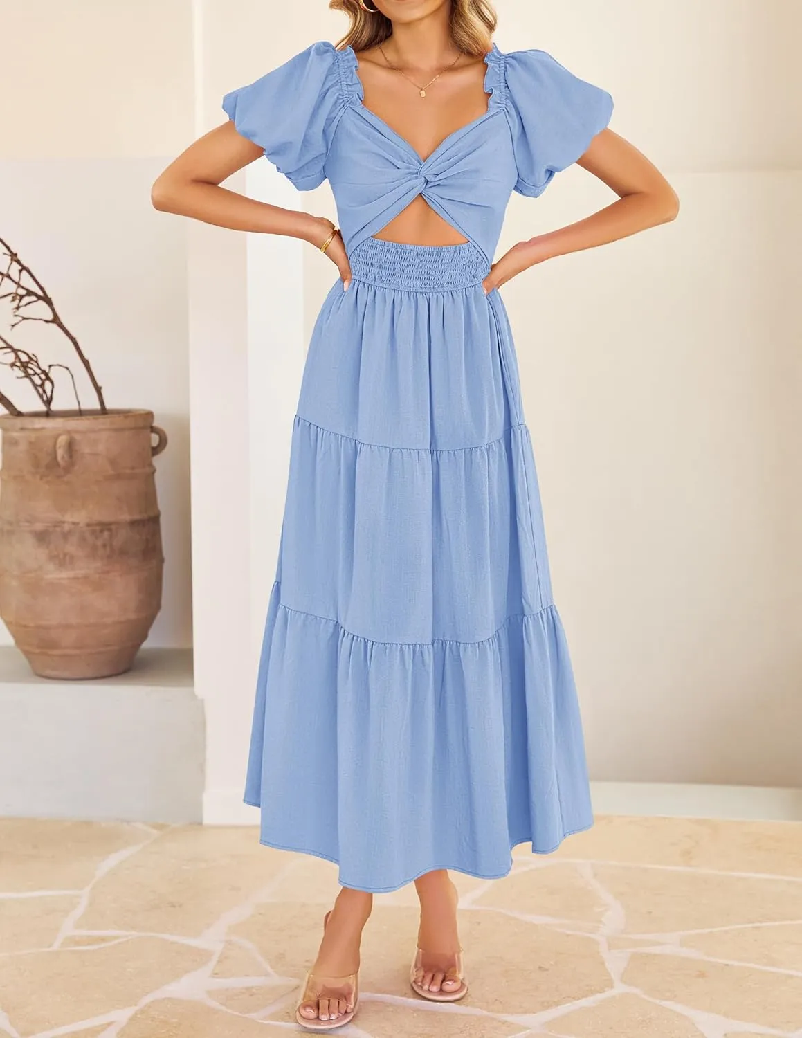 ZESICA Women's 2025 Boho Smocked Vacation Dress Short Puff Sleeve Twist Knot Cutout Flowy A Line Beach Party Dresses
