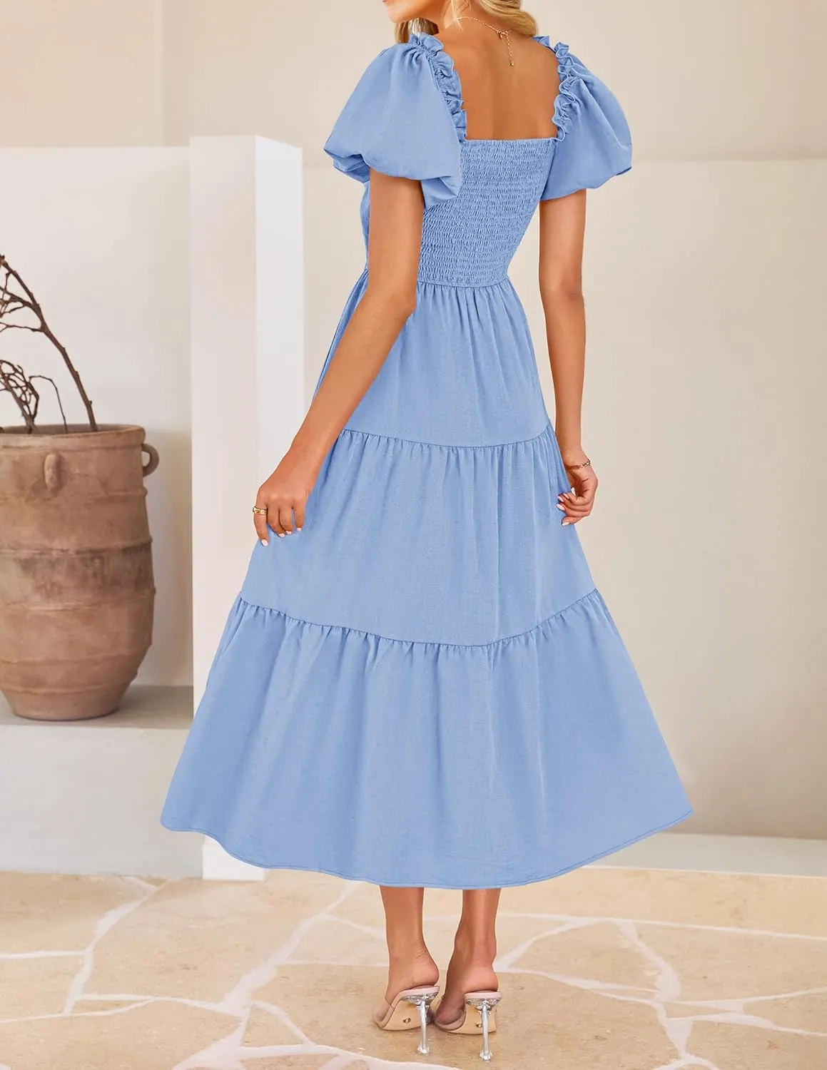 ZESICA Women's 2025 Boho Smocked Vacation Dress Short Puff Sleeve Twist Knot Cutout Flowy A Line Beach Party Dresses