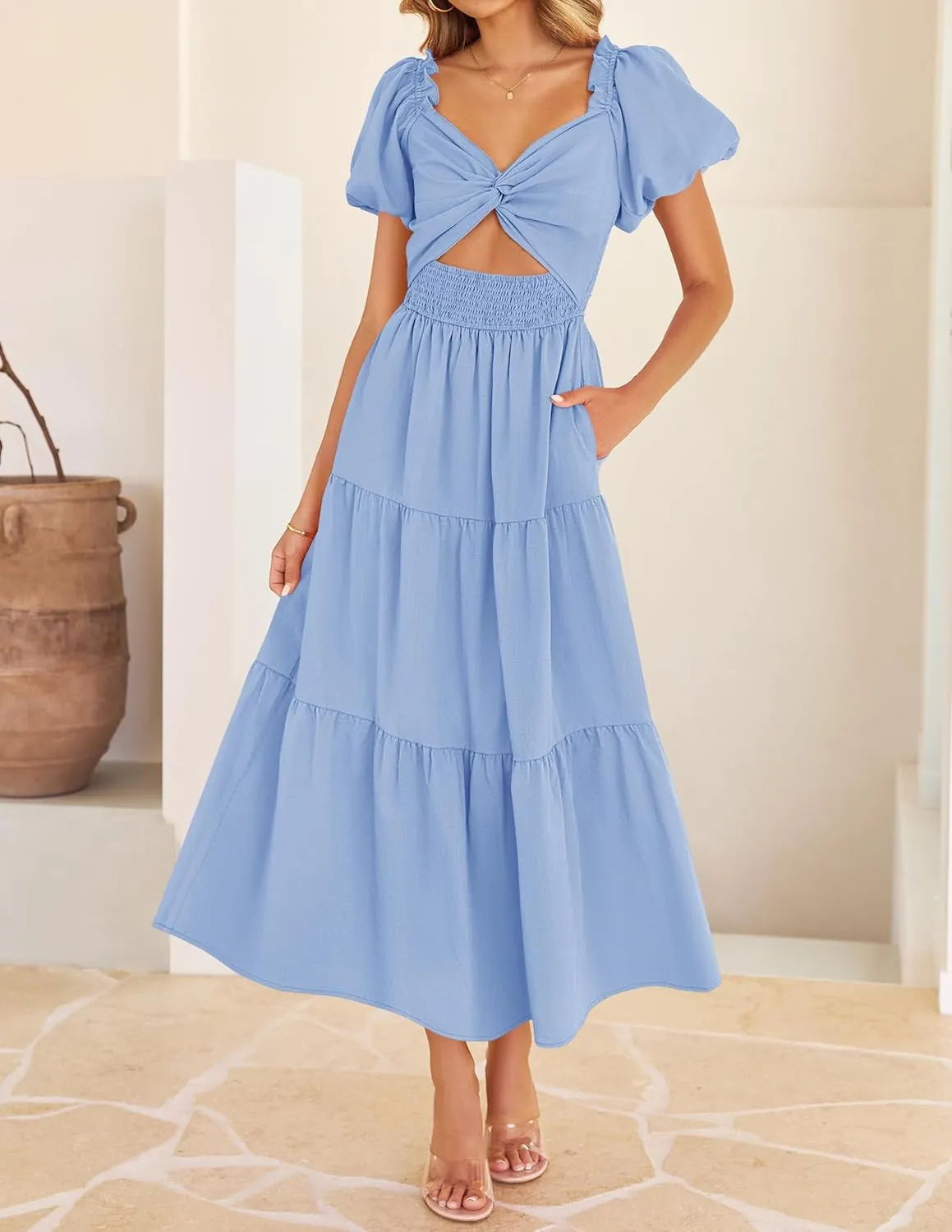 ZESICA Women's 2025 Boho Smocked Vacation Dress Short Puff Sleeve Twist Knot Cutout Flowy A Line Beach Party Dresses