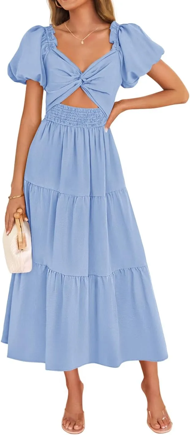 ZESICA Women's 2025 Boho Smocked Vacation Dress Short Puff Sleeve Twist Knot Cutout Flowy A Line Beach Party Dresses