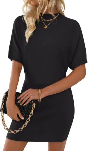 ZESICA Women's 2025 Summer Casual Mock Neck Bodycon Mini Dress Cap Sleeve Slim Fit Ribbed Knit Short Sweater Dresses