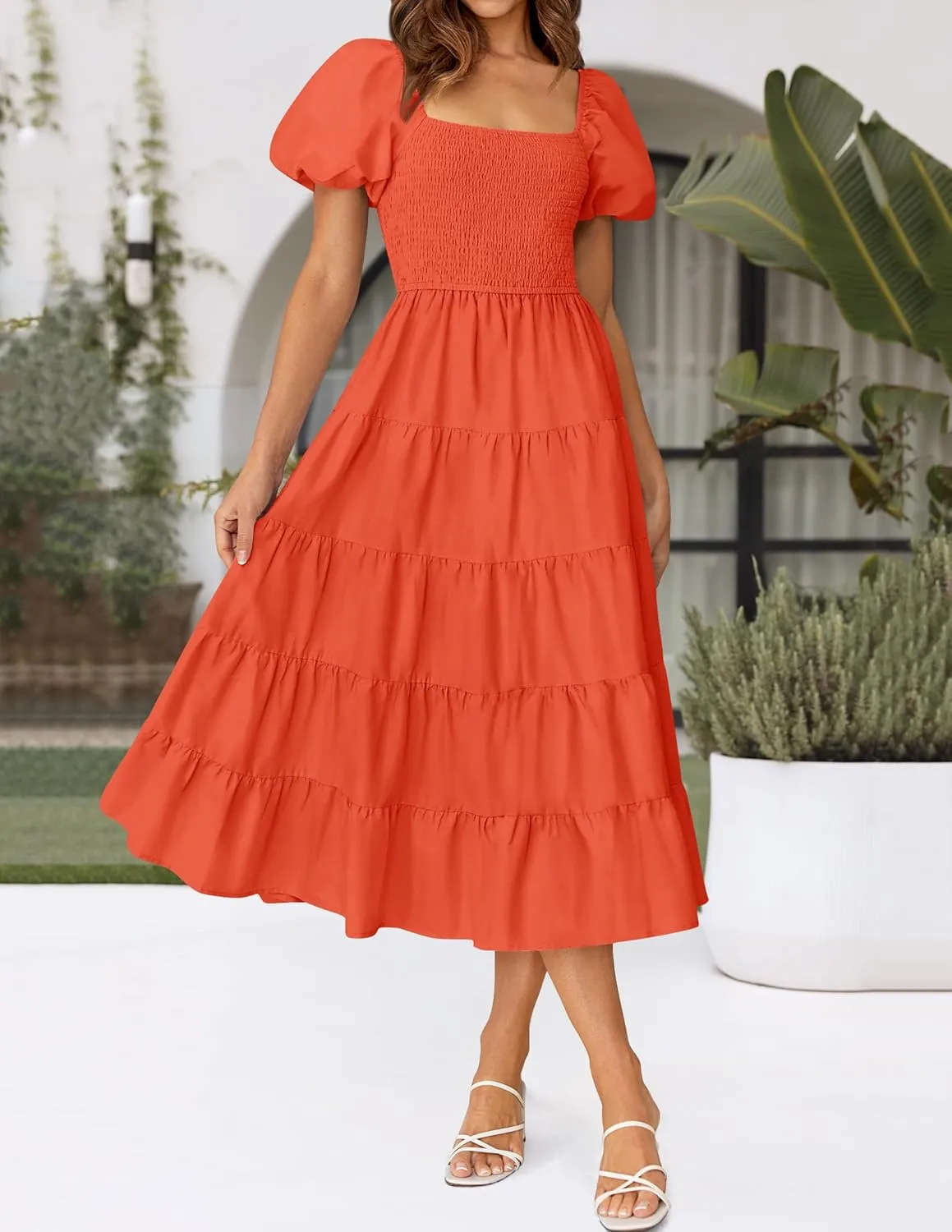 ZESICA Women's 2025 Summer Square Neck Short Puff Sleeve Solid Color High Waist Casual Smocked Flowy A Line Tiered Midi Dress