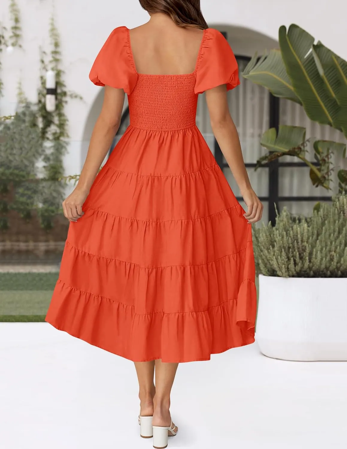 ZESICA Women's 2025 Summer Square Neck Short Puff Sleeve Solid Color High Waist Casual Smocked Flowy A Line Tiered Midi Dress