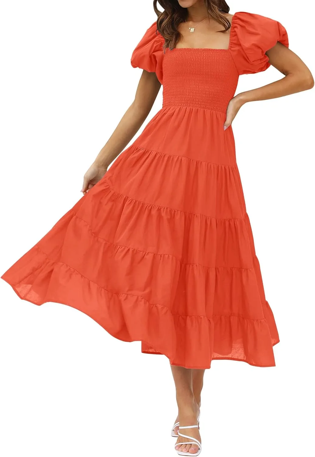 ZESICA Women's 2025 Summer Square Neck Short Puff Sleeve Solid Color High Waist Casual Smocked Flowy A Line Tiered Midi Dress