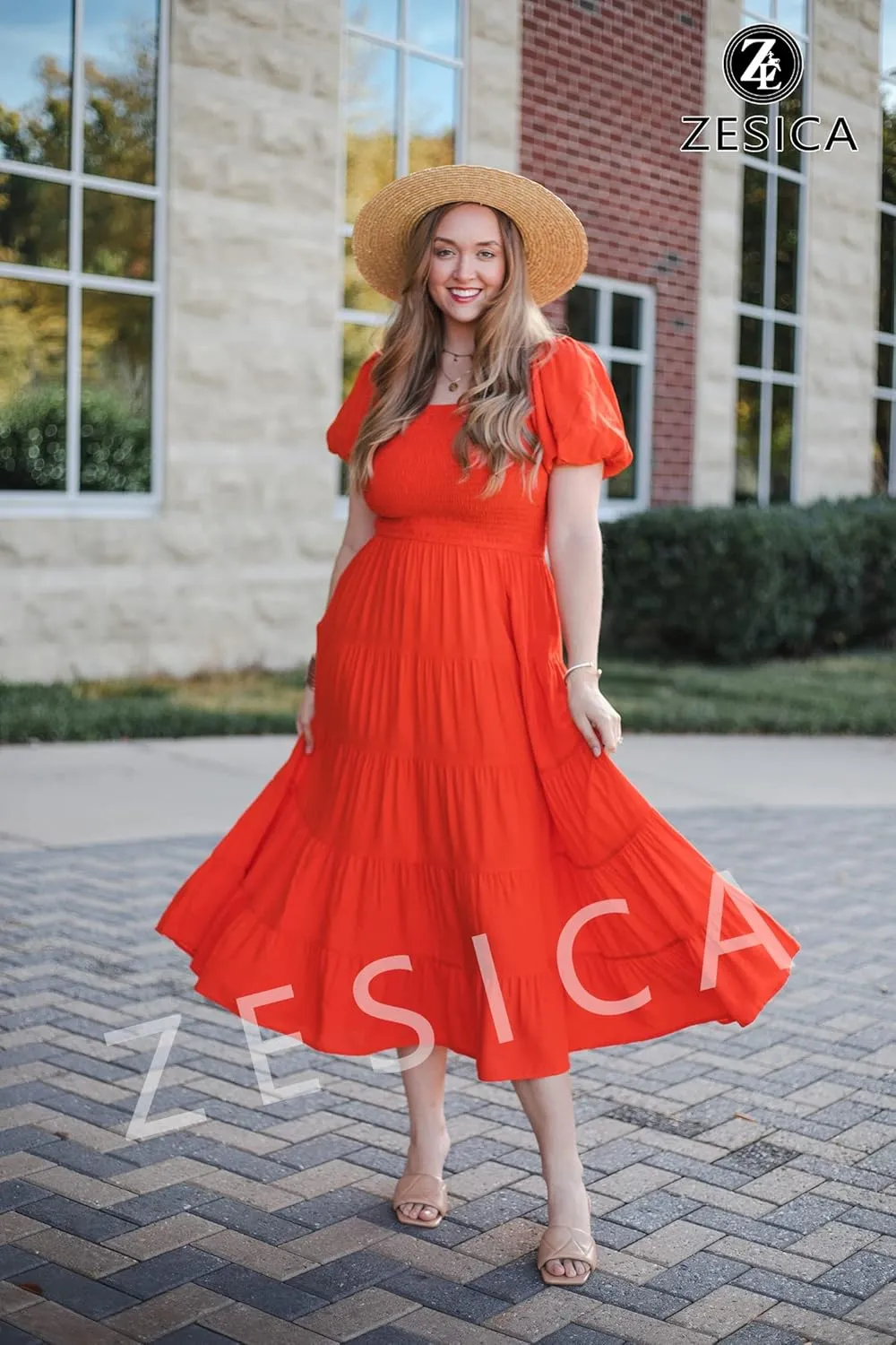 ZESICA Women's 2025 Summer Square Neck Short Puff Sleeve Solid Color High Waist Casual Smocked Flowy A Line Tiered Midi Dress