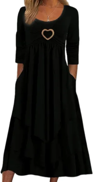 ZOCAVIA Women's Maxi Dress Puff Sleeve Elegant Flowy Ruffle Cowlneck Dress High Waist Basic Loose Fit Dresses