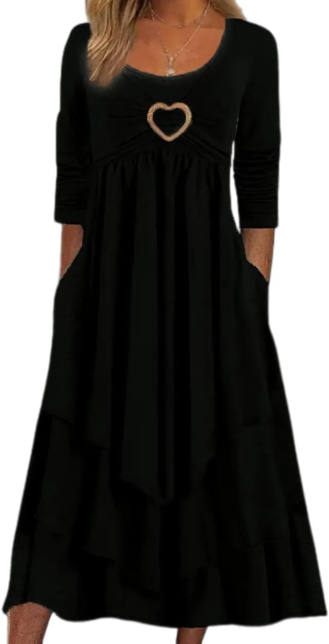 ZOCAVIA Women's Maxi Dress Puff Sleeve Elegant Flowy Ruffle Cowlneck Dress High Waist Basic Loose Fit Dresses