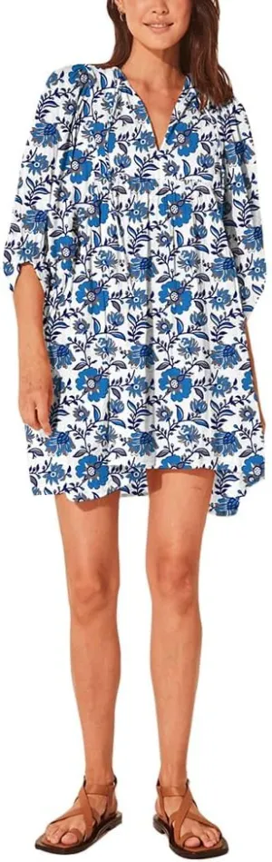ZOCAVIA Women's Summer Flowy Beach Dresses Loose Floral Print V Neck Lantern Sleeve Boho Dress Ruffle Ruched Mini Dress