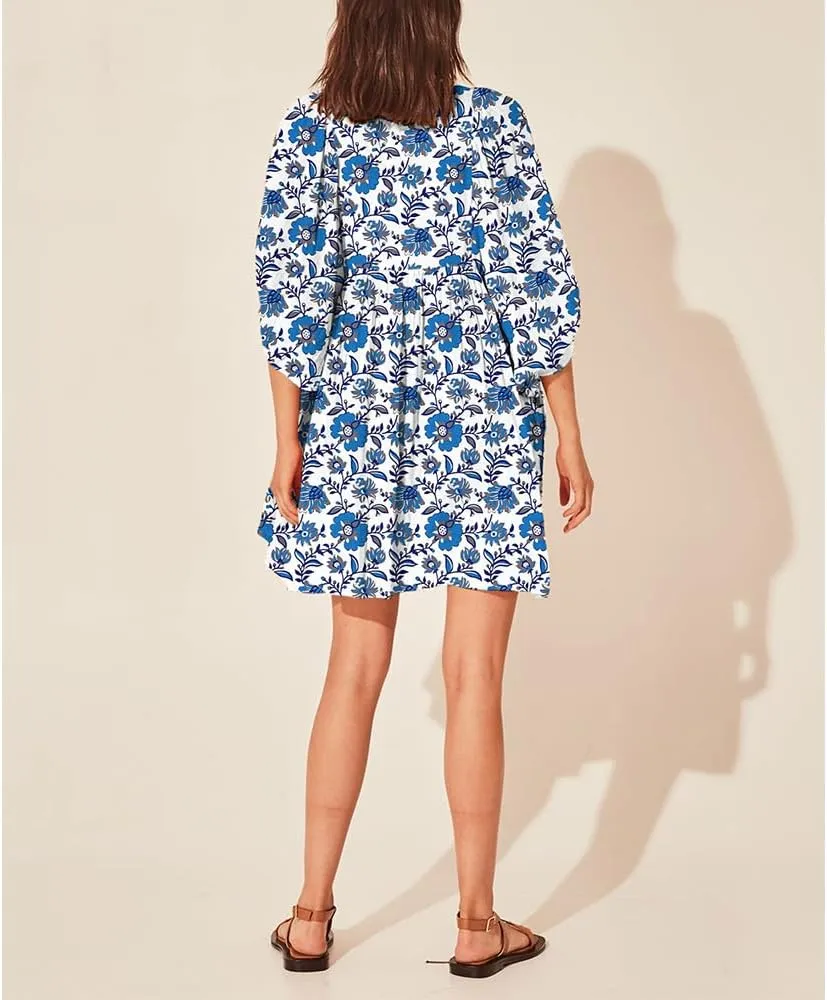 ZOCAVIA Women's Summer Flowy Beach Dresses Loose Floral Print V Neck Lantern Sleeve Boho Dress Ruffle Ruched Mini Dress