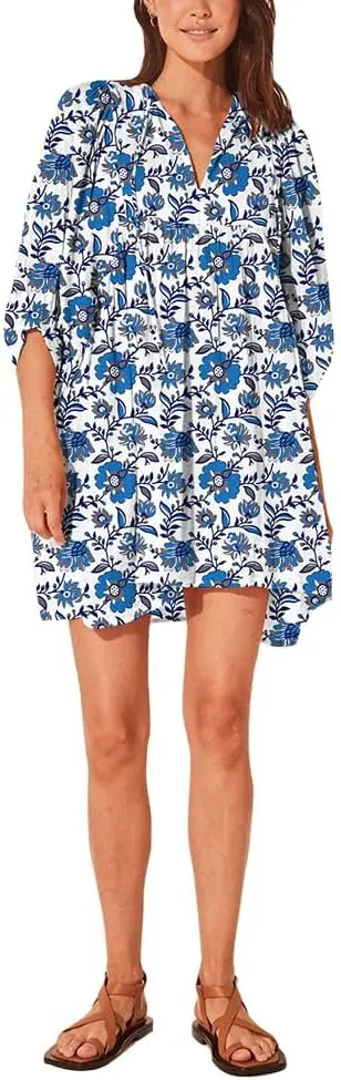 ZOCAVIA Women's Summer Flowy Beach Dresses Loose Floral Print V Neck Lantern Sleeve Boho Dress Ruffle Ruched Mini Dress