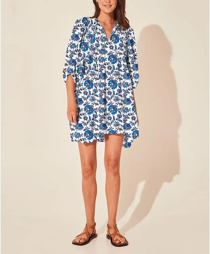 ZOCAVIA Women's Summer Flowy Beach Dresses Loose Floral Print V Neck Lantern Sleeve Boho Dress Ruffle Ruched Mini Dress